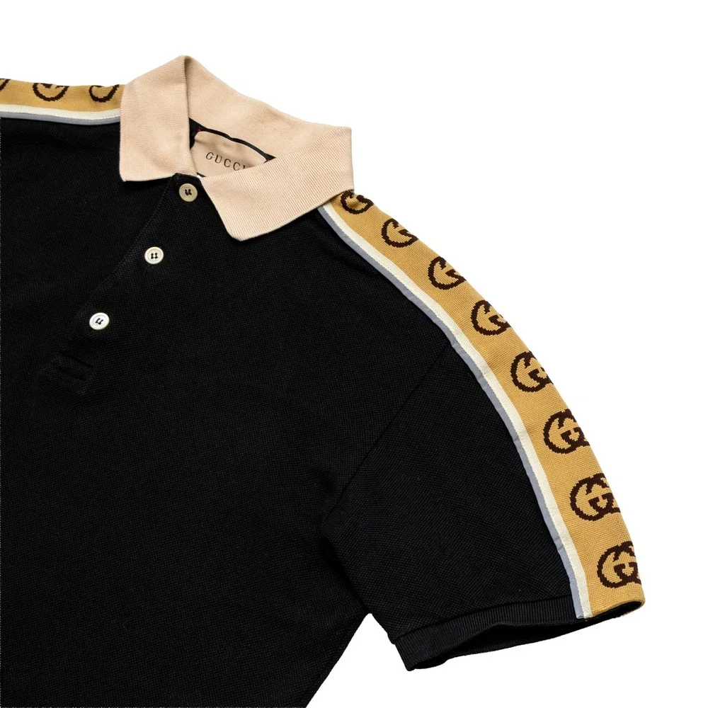Gucci Men's Interlocking GG Logo Tape Black Piqué Polo Shirt Size S Italy